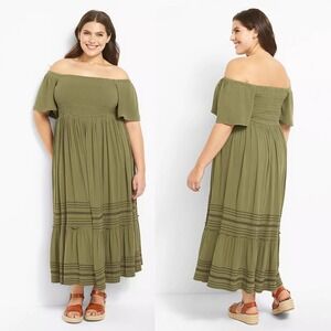Lane Bryant Green Smocked Convertible Neckline Midi Dress Boho Pockets 14/16